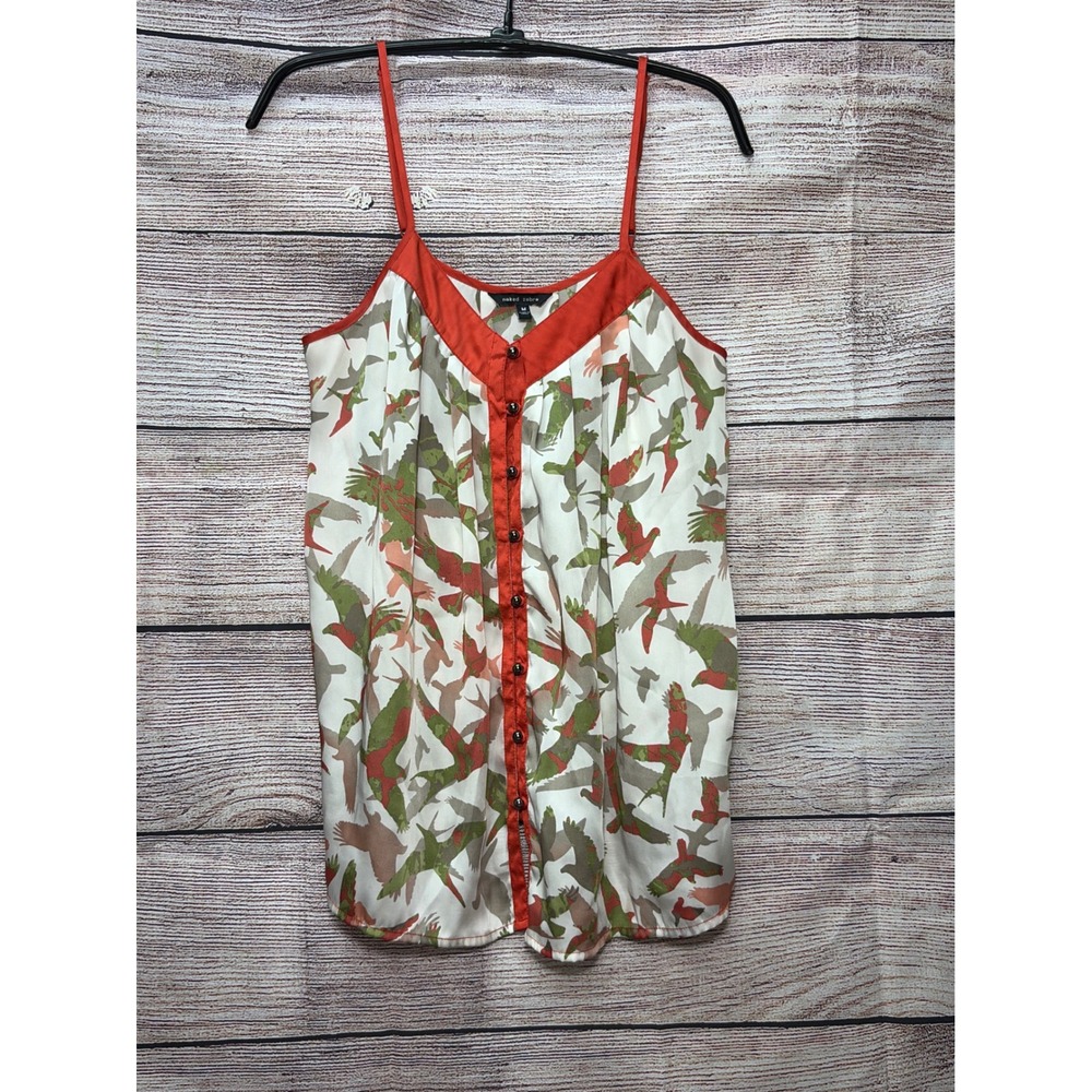Naked Zebra Women Bird Print Cami Top Rust Green V-Neck Button Front